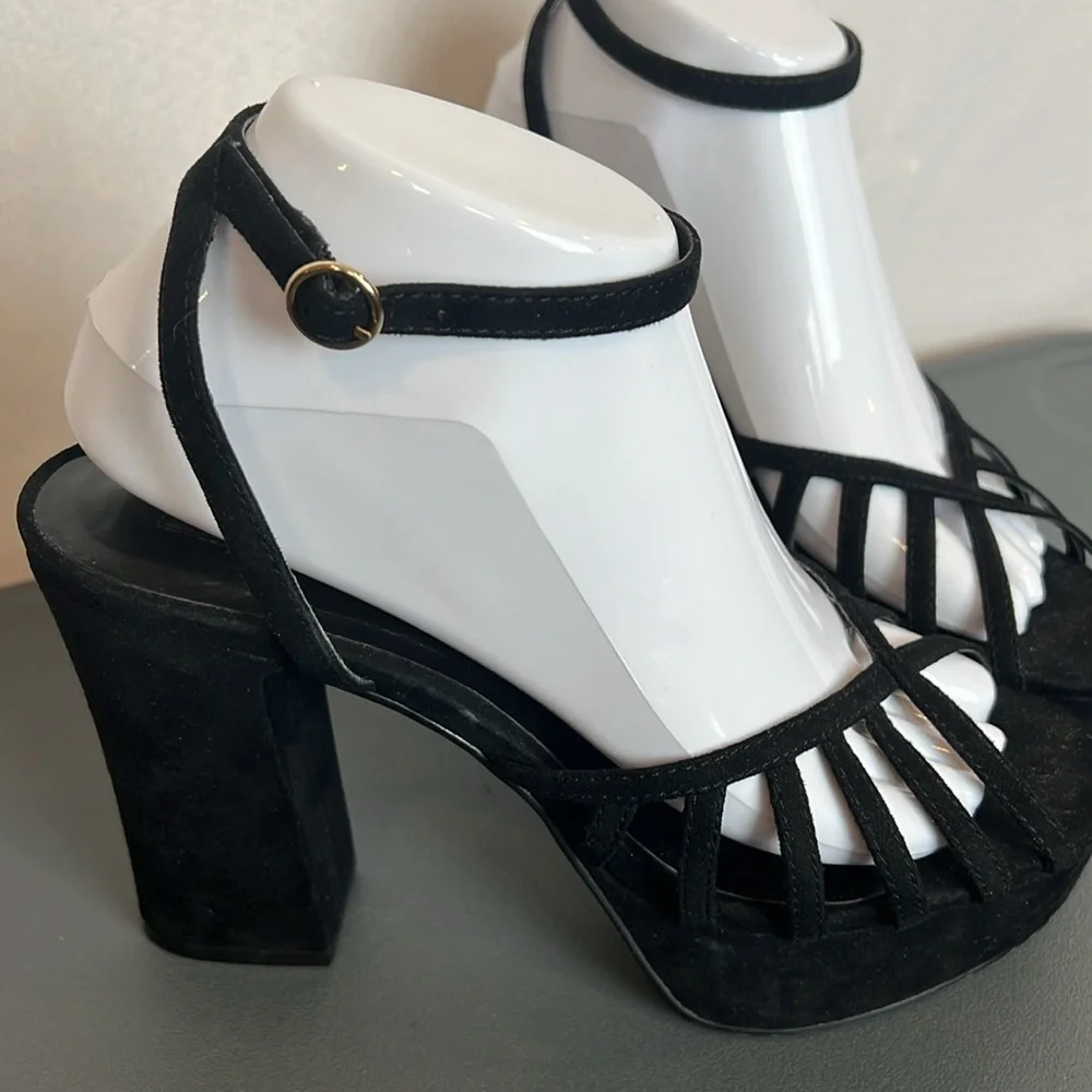 Mango Black Strappy Platform Heels Size 39 (US 8.5) Ankle Cuff Peep Toe - Picture 4 of 14